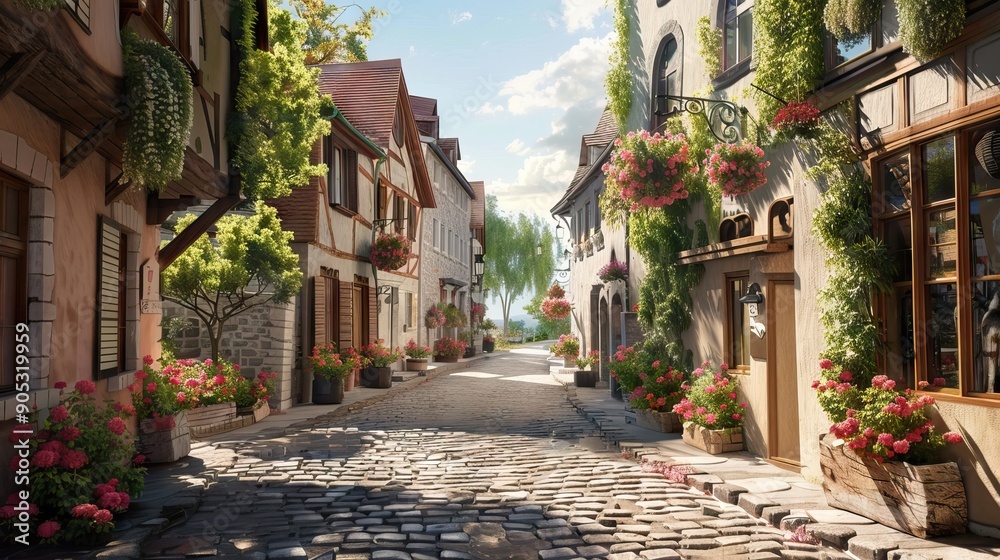 Charming European Village with Colorful Houses and Flower Pots. AI generated illustration. Charming European Village with Colorful Houses and Flower Pots. AI generated illustration.