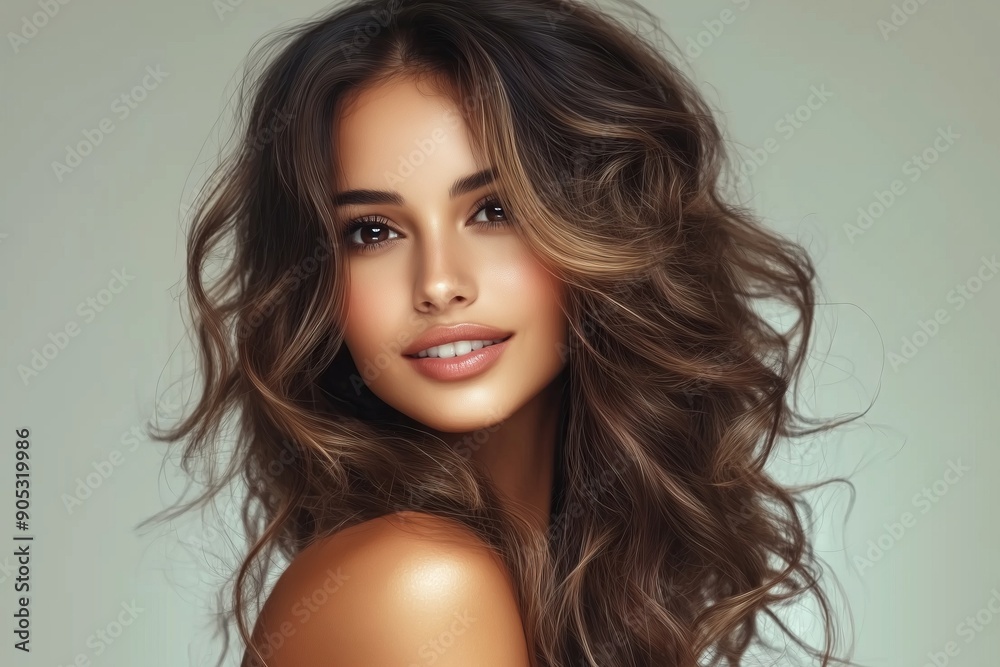 A woman with long brown hair is smiling and looking at the camera. She has a natural, glowing look to her face A woman with long brown hair is smiling and looking at the camera. She has a natural, glowing look to her face