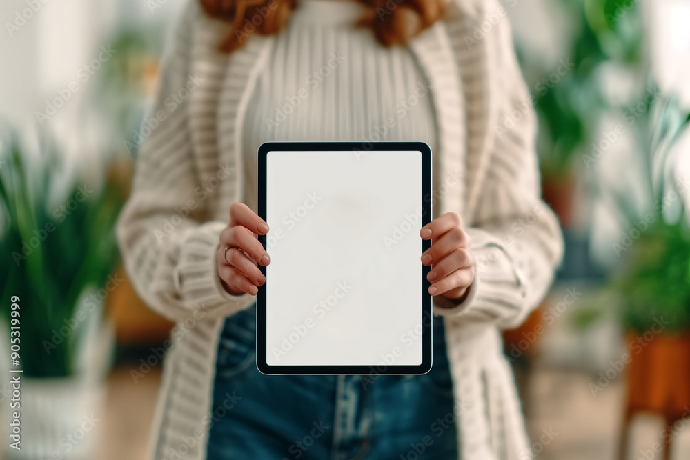 Woman Holding Blank Tablet Screen in Cozy Home Environment with Green Plants and Casual Clothing Woman Holding Blank Tablet Screen in Cozy Home Environment with Green Plants and Casual Clothing