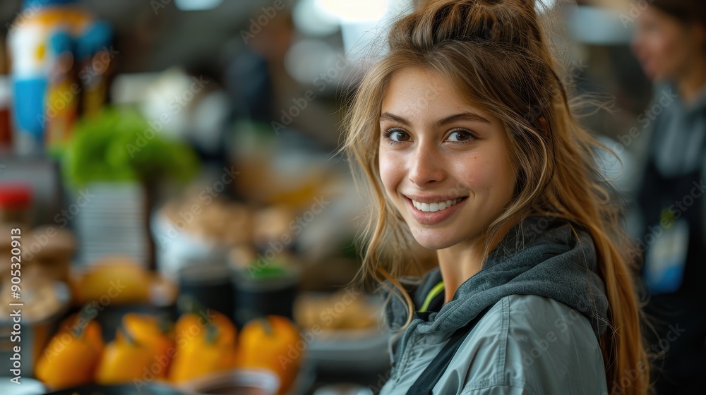 A joyful woman with a bright smile stands in a bustling market, surrounded by a variety of fresh produce, capturing the lively atmosphere of the location. A joyful woman with a bright smile stands in a bustling market, surrounded by a variety of fresh produce, capturing the lively atmosphere of the location.