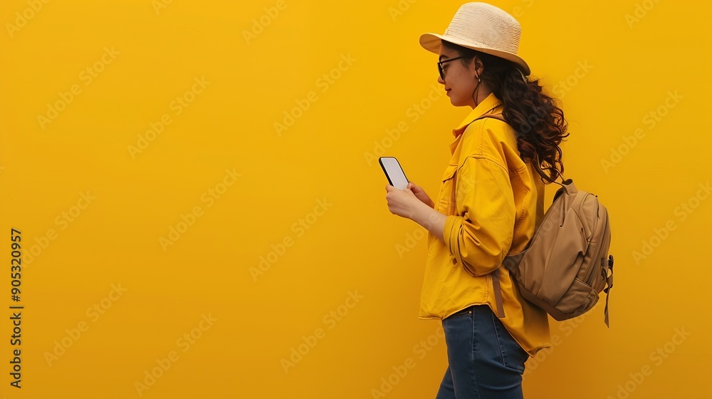 Naklejka premium Full size profile photo of cheerful person hold smart phone walking isolated on yellow color background : Generative AI