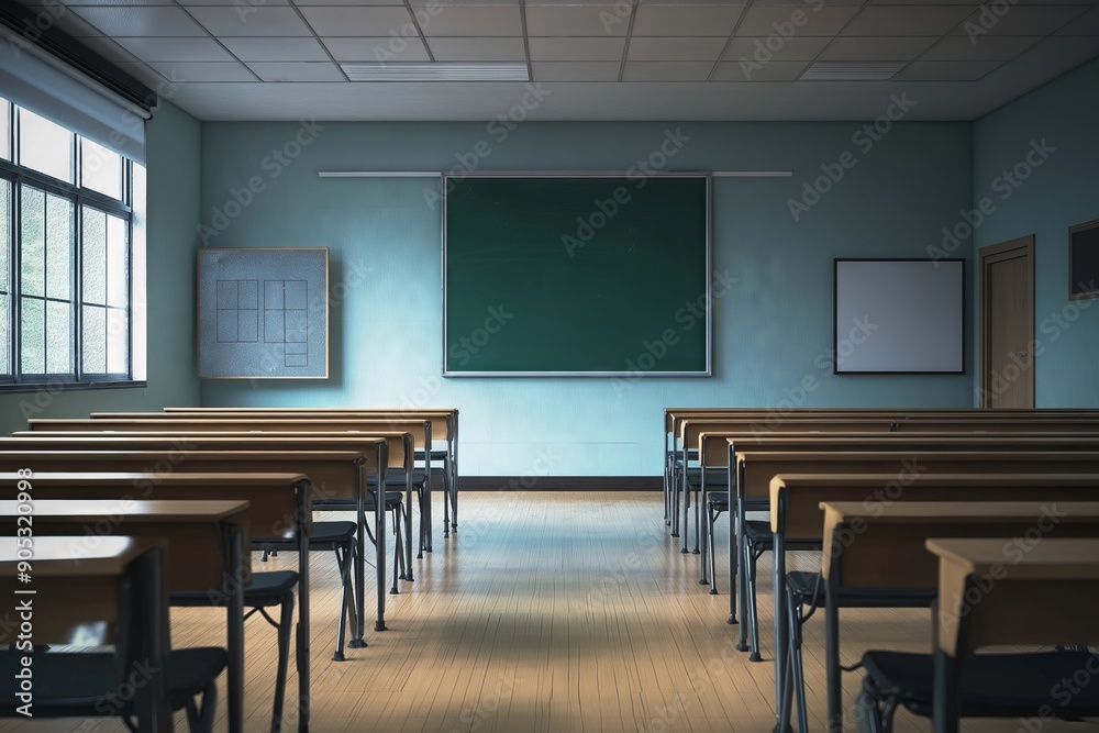 A classroom with a green chalkboard and rows of desks. The room is empty and the mood is quiet and peaceful A classroom with a green chalkboard and rows of desks. The room is empty and the mood is quiet and peaceful