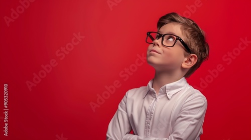 Young boy plays role of businessman against vibrant red studio background Children dreaming big and exploring different occupations Concept of children dreams future career games fanta : Generative AI