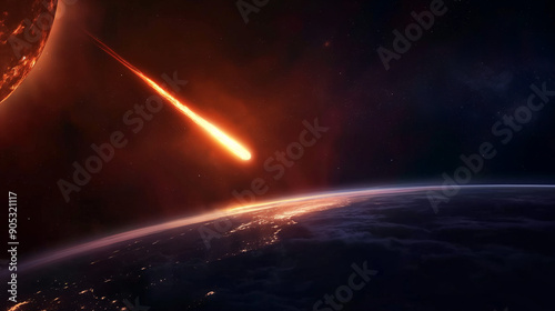 Bright Fiery Meteorite in Deep Dark Space Falling on Planet