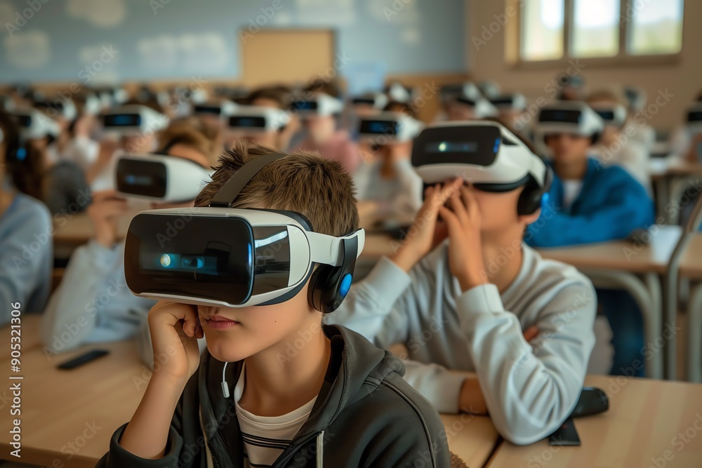 Virtual reality classroom, representing the future of education Virtual reality classroom, representing the future of education