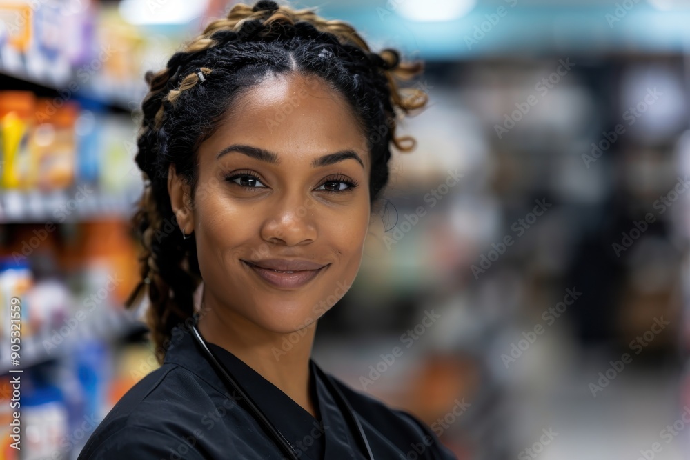 A confident woman smiles in a store aisle, surrounded by shelves stocked with various products, suggesting a retail or grocery store environment. A confident woman smiles in a store aisle, surrounded by shelves stocked with various products, suggesting a retail or grocery store environment.