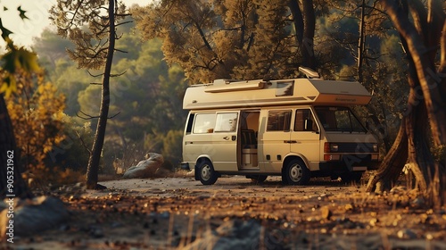 Modern camper van motorhome vehicle rv parking in outdoors nature scenic place Concept of vanlife and travel lifestyle Park and vehicle Arrival at destination Van life journey adventur : Generative AI