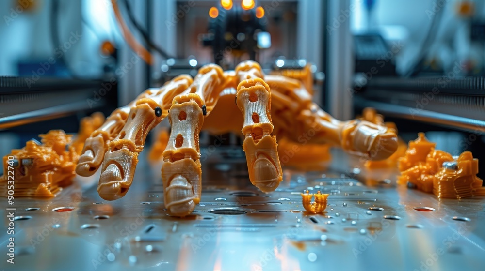 A detailed photograph showing a 3D printed robotic hand placed on a ...