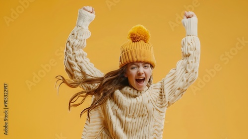 Amazed teenager Beautiful teen girl in a winter hat and a warm sweater Jump and run A child on a yellow isolated background Excited teen girl : Generative AI