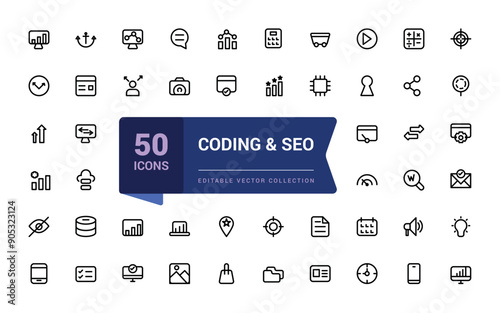 Coding and SEO outline web and ui icons set. Thin line web icon collection. Minimalist thin linear web ui icon set. Simple editable vector stroke illustration.