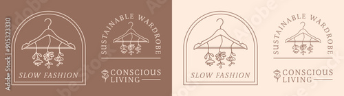 Slow fashion sustainable eco conscious living logo stickers labels design bundle pack women female clothing shop store decor. Boho retro elegant floral aesthetic coat hanger illustration cut file.