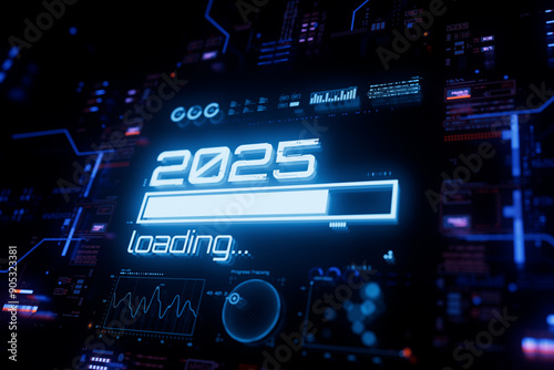 New 2025 year progress bar on digital lcd display with reflection. Concept of new year, annual plan, growth strategy, business planning, investment trends and strategy road map.