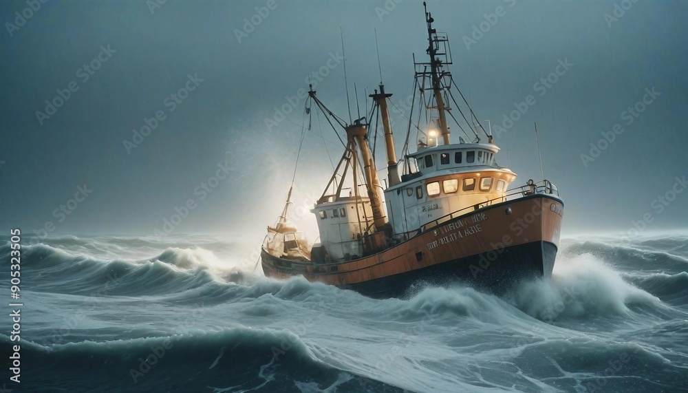 Obraz premium A lone fishing boat braving a foggy, freezing night at sea, surrounded by towering waves and icy mist as it fights against the elements. 
