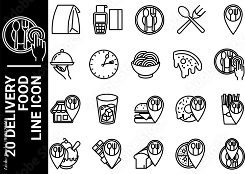 20 delivery food line icon, black and white