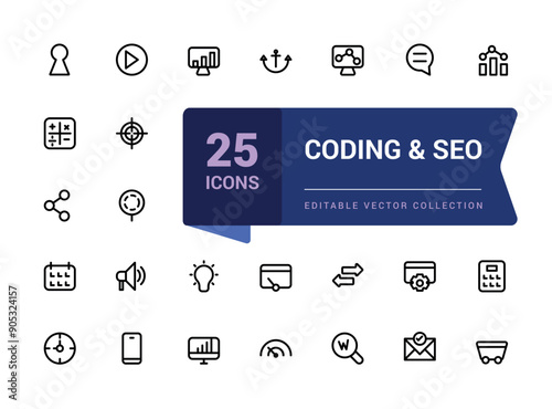 Coding and SEO outline web and ui icons set. Thin line web icon collection. Minimalist thin linear web ui icon set. Simple editable vector stroke illustration.