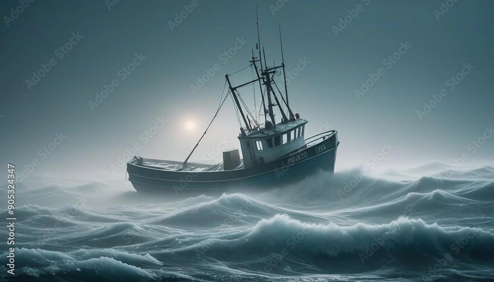 A lone fishing boat braving a foggy, freezing night at sea, surrounded by towering waves and icy mist as it fights against the elements.
A lone fishing boat braving a foggy, freezing night at sea, surrounded by towering waves and icy mist as it fights against the elements.
