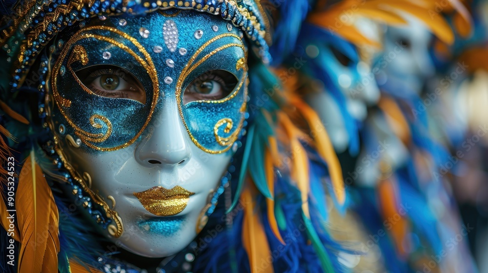 A close-up of an intricate Venetian mask with elaborate blue and gold details, feathers, and sparkling decorations, emphasizing mystery and artistic elegance. A close-up of an intricate Venetian mask with elaborate blue and gold details, feathers, and sparkling decorations, emphasizing mystery and artistic elegance.