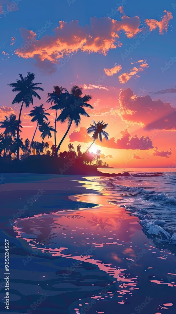 Tropical Island Sunset with Palm Trees and a Hammock. AI generated illustration Tropical Island Sunset with Palm Trees and a Hammock. AI generated illustration