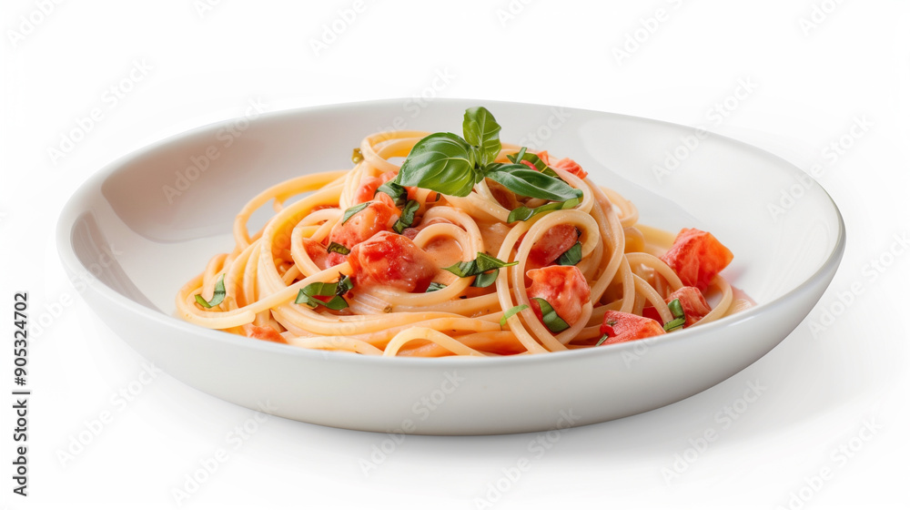A plate of spaghetti carbonara topped with fresh basil and tomatoes, presenting a classic Italian pasta dish, on a white background. A plate of spaghetti carbonara topped with fresh basil and tomatoes, presenting a classic Italian pasta dish, on a white background.