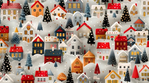 Christmas village and houses pattern with snowy rooftops