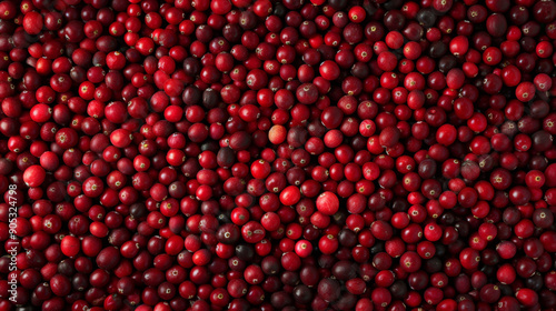 A vibrant and fresh background filled with ripe red cranberries. The cranberries' rich color and natural texture are prominently displayed, making the scene look incredibly appetizing. © Volodymyr