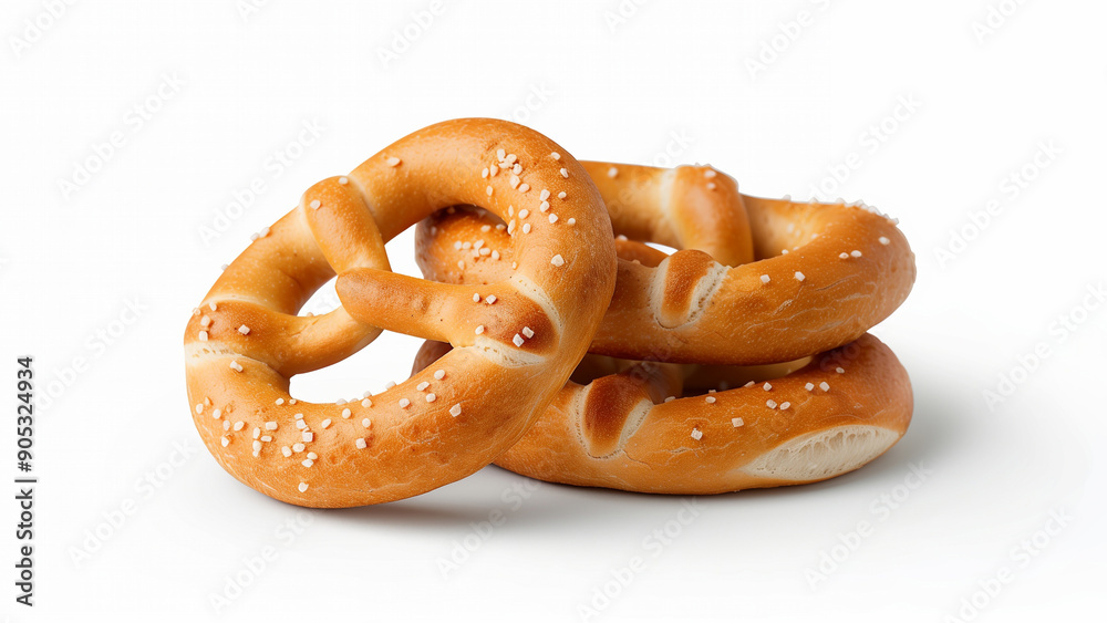 A stack of three salted pretzels on a white background, emphasizing their golden-brown texture and savory appeal. A stack of three salted pretzels on a white background, emphasizing their golden-brown texture and savory appeal.