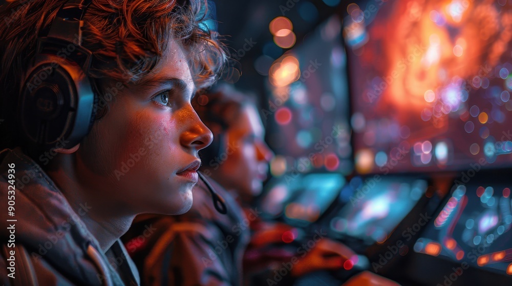 A striking image of video game players deeply engaged in a vibrant and dynamic gaming environment, featuring multiple screens and a captivating blend of colors and lights. A striking image of video game players deeply engaged in a vibrant and dynamic gaming environment, featuring multiple screens and a captivating blend of colors and lights.