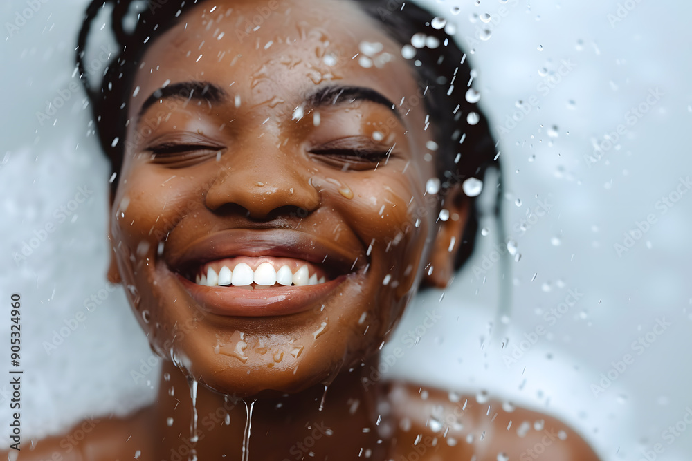 Smiling young black skin woman with water splash and drops around on her face isolated on white background. Healthy hydrated face skin. Skin care and moisturizing concept. Smiling young black skin woman with water splash and drops around on her face isolated on white background. Healthy hydrated face skin. Skin care and moisturizing concept.