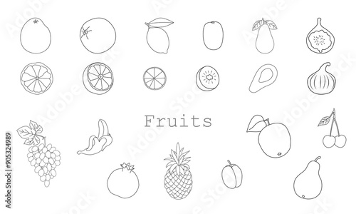 Fruit set, hand-drawn. Contour drawing isolated on a white background. Whole and chopped fruits.  Illustration, icon, template for coloring.