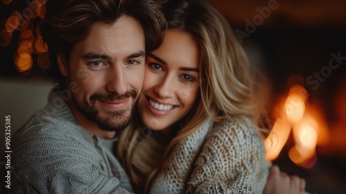 A couple warmly hugs in a cozy setting with a fireplace, exuding a sense of comfort, love, and togetherness. Their smiles reflect deep affection and connection.