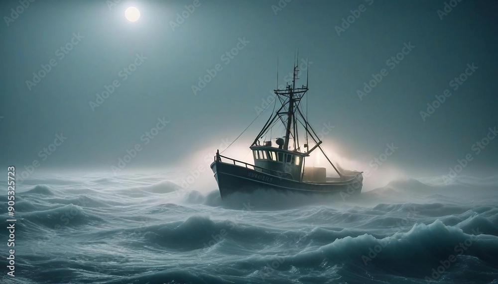 Obraz premium A lone fishing boat braving a foggy, freezing night at sea, surrounded by towering waves and icy mist as it fights against the elements. 