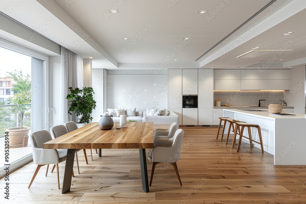 Modern interior design of apartment, empty living room with gray concrete walls, yard, panorama, Generative AI Modern interior design of apartment, empty living room with gray concrete walls, yard, panorama, Generative AI