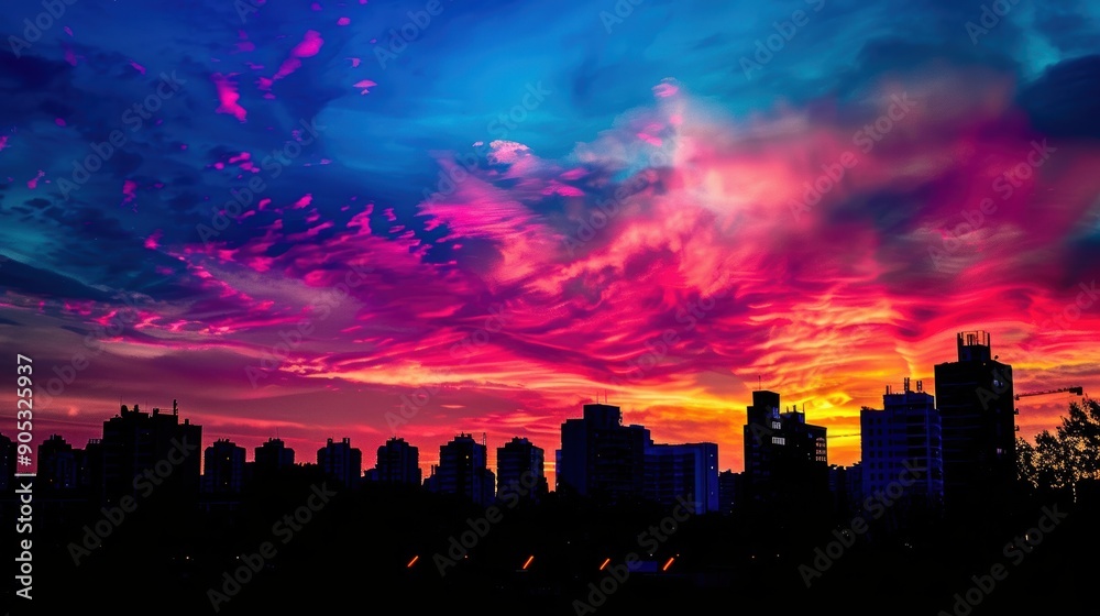 Fototapeta premium Urban Metropolis Silhouette Against a Colorful Sky at Sunset.