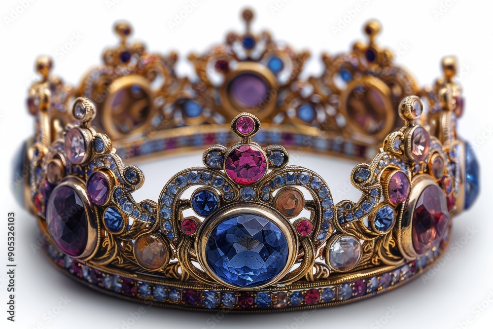 A magnificent crown depicted with realistic details set against a blank white background capturing the texture of the metal and the sparkle of the jewels A magnificent crown depicted with realistic details set against a blank white background capturing the texture of the metal and the sparkle of the jewels