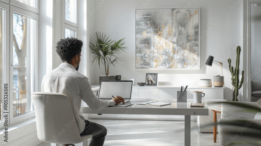 Fototapeta premium Young Man Working on a Laptop in a Bright Modern Home Office Space. Generative AI