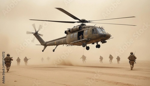 a group of soldiers marching through the dusty desert and support helicopters flying overhead
 photo