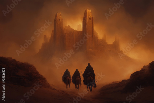 Silhouettes of riders approach a mystical castle shrouded in fog and illuminated by an eerie glow, evoking a sense of adventure.