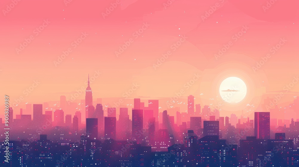 Fototapeta premium Serene Cityscape Silhouette Against Pink Sky at Sunset