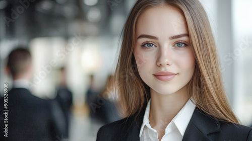 Confident Young Professional A Successful and Good-Looking Woman Team Leader Start-up CEO Lawyer or Boss in an Office Setting Exemplifying Leadership and Professionalism with Her Team in the Back