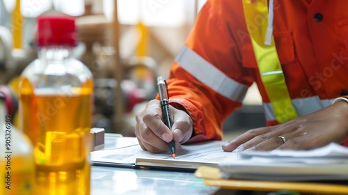 A safety engineer is using pen to rating the health risk assessment level of chemical hazardous material in the paperwork form Industrial safety working scene closeup and selecitve foc : Generative AI photo