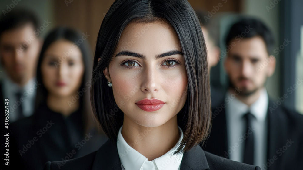 Confident Young Professional A Successful and Good-Looking Woman Team Leader Start-up CEO Lawyer or Boss in an Office Setting Exemplifying Leadership and Professionalism with Her Team in the Back Confident Young Professional A Successful and Good-Looking Woman Team Leader Start-up CEO Lawyer or Boss in an Office Setting Exemplifying Leadership and Professionalism with Her Team in the Back