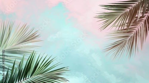 Tropical Palm Leaves on Pastel Sky Background for Serene Nature Concept