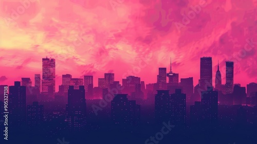 Silhouette of city buildings with pink sky 