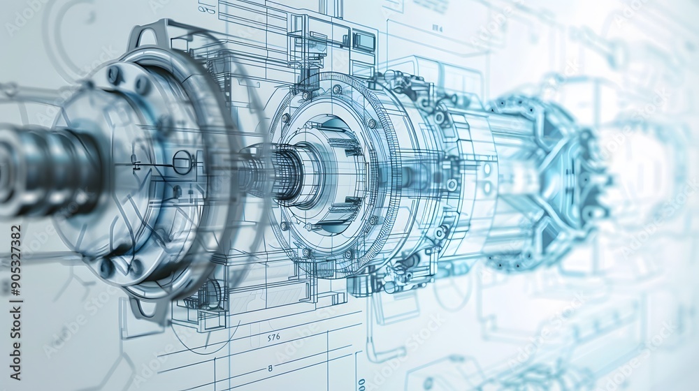 Obraz premium Detailed 3D mechanical engine blueprint with exploded view, displayed on a virtual reality interface