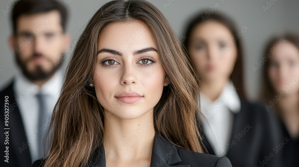 Confident Young Professional A Successful and Good-Looking Woman Team Leader Start-up CEO Lawyer or Boss in an Office Setting Exemplifying Leadership and Professionalism with Her Team in the Back Confident Young Professional A Successful and Good-Looking Woman Team Leader Start-up CEO Lawyer or Boss in an Office Setting Exemplifying Leadership and Professionalism with Her Team in the Back