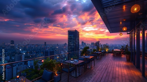 Rooftop restaurant at dusk, cityscape view, urban skyline, golden hour light, warm ambient lighting, wooden deck, modern furniture, glass railings, cozy atmosphere, skyscrapers.