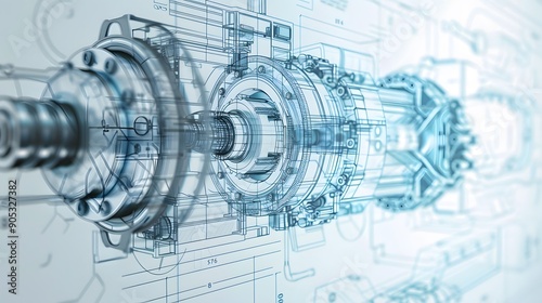 Detailed 3D mechanical engine blueprint with exploded view, displayed on a virtual reality interface