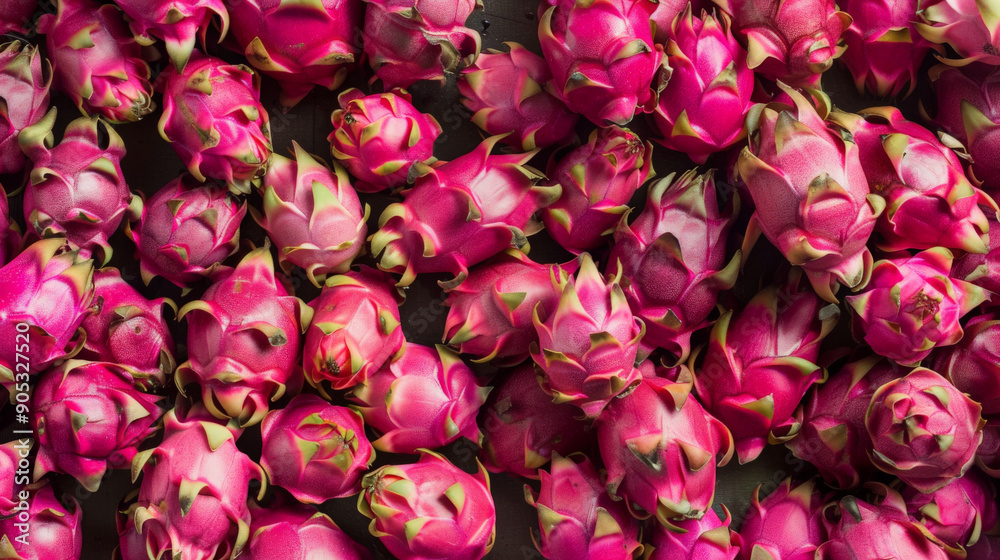 A lush and juicy background of fresh dragon fruit, each fruit showcasing its vibrant pink exterior and speckled interior. The dense collection of dragon fruit creates a rich and inviting visual. A lush and juicy background of fresh dragon fruit, each fruit showcasing its vibrant pink exterior and speckled interior. The dense collection of dragon fruit creates a rich and inviting visual.