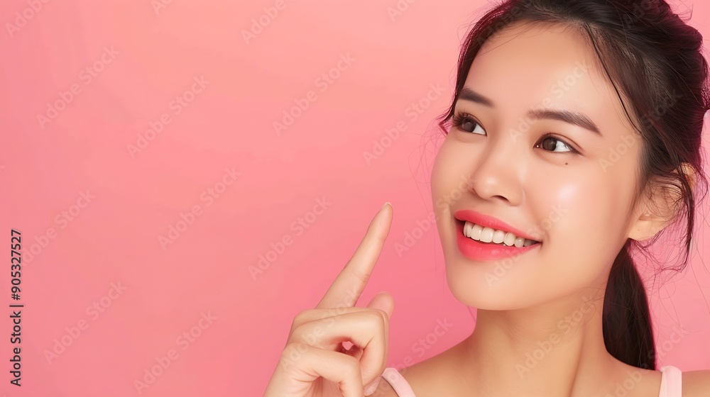 Beautiful young Asian woman pointing finger to her teeth on isolated pink background Facial and skin care concept for commercial advertising : Generative AI Beautiful young Asian woman pointing finger to her teeth on isolated pink background Facial and skin care concept for commercial advertising : Generative AI