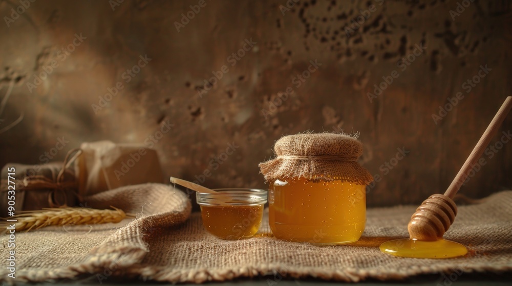 Honey Jar on Rustic Background Honey Jar on Rustic Background